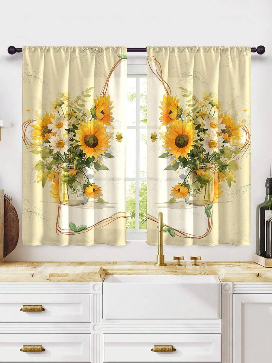 2pcs New Fashion Multi-Color Sunflower Kitchen Curtains - Window Treatment Set, Cafe Panel - Rod Pocket Design, Easy To Install - Perfect For Bedroom, Study, Cafe, And Living Room Decoration