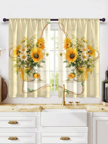 2pcs New Fashion Multi-Color Sunflower Kitchen Curtains - Window Treatment Set, Cafe Panel - Rod Pocket Design, Easy To Install - Perfect For Bedroom, Study, Cafe, And Living Room Decoration