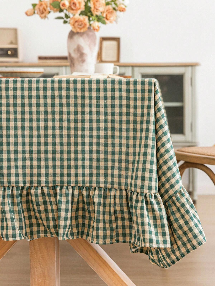 1pc Green Plaid Ruffled Tablecloth, Modern Minimalist Household Dining Table Cover, Square Dust-Proof Cloth Suitable For Restaurant, Living Room, Kitchen Decor