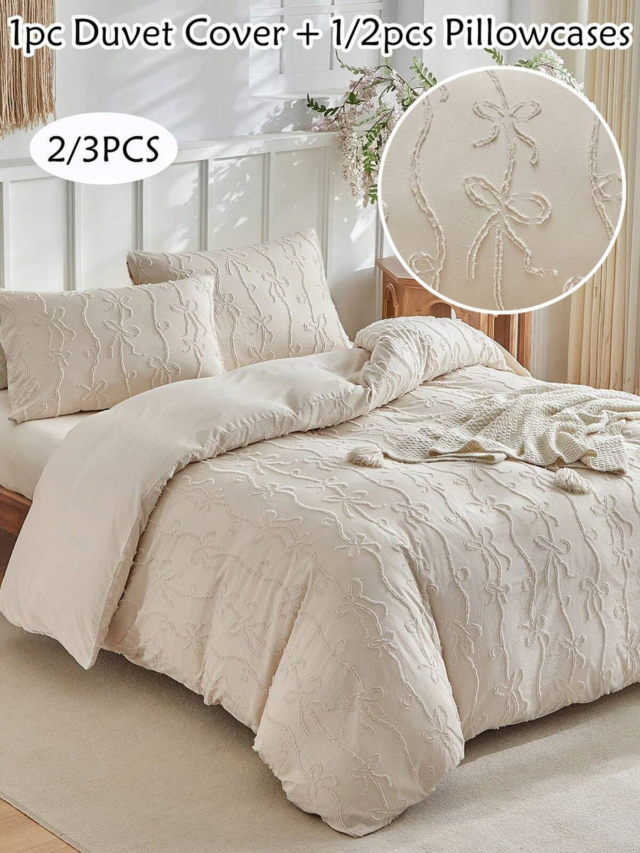 2/3pcs Khaki Bow Tufted Polyester Duvet Cover Set, Bohemian Vintage Bedding Set, Suitable For All Seasons (1 Duvet Cover + 1/2 Pillowcase), Soft & Breathable, Without Filler
